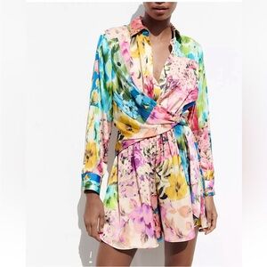 Zara Satin Floral Patchwork Print Wrap Front Romper